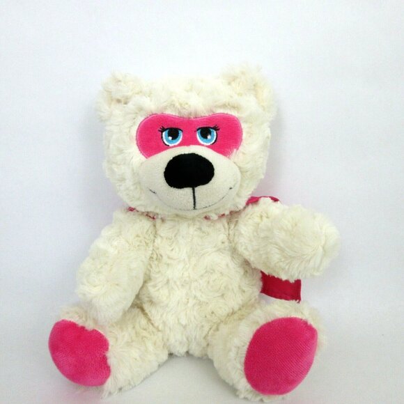 Rare Progressive Plush Farrar White Bear w/Pink Cape & Mask 10" Curly Soft Fur - Picture 1 of 7